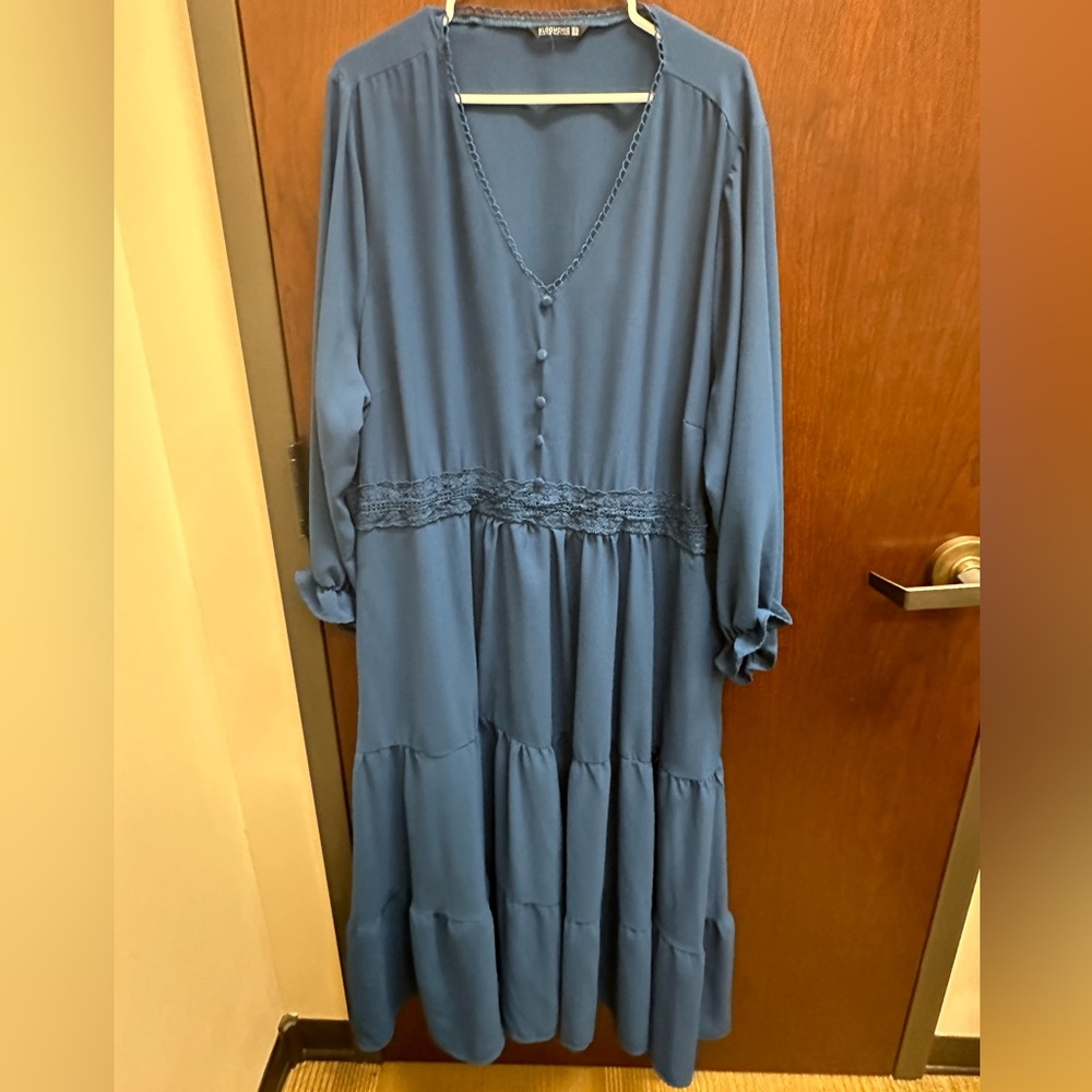 Blue V-Neck Tiered Maxi Dress with Lace Waist